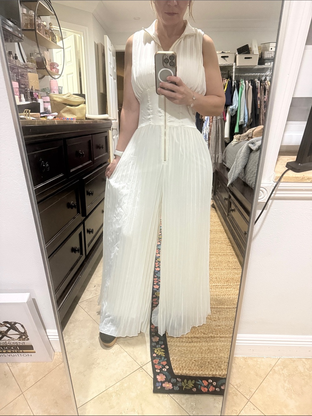 Women's White Pleated Jumpsuit with Front Zip